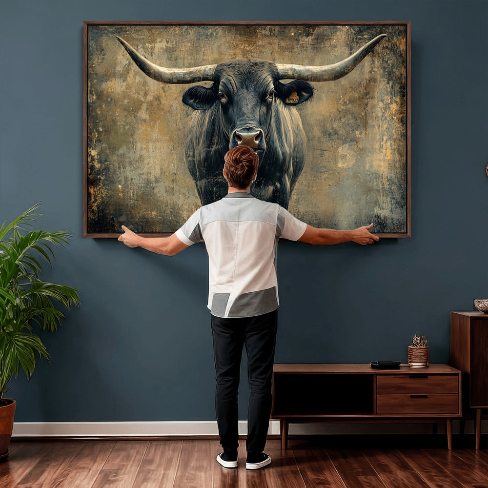 Texas Longhorn Bull Wall Art – Framed Rustic Cow Canvas