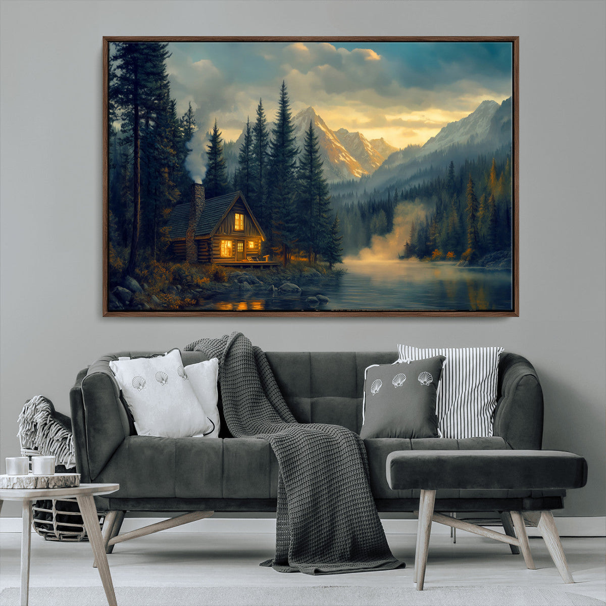 Mountain Cabin by the Lake at Sunset Wall Art - Serene