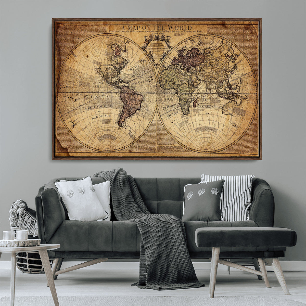 Vintage World Map Wall Art Canvas – Antique Style Push Pin