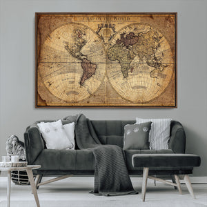 Vintage World Map Wall Art Canvas – Antique Style Push Pin