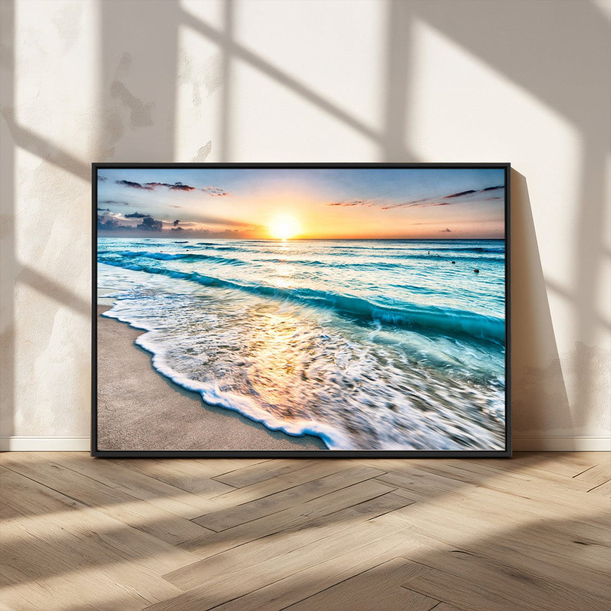 Sunset Beach Waves Canvas Wall Art – 5-Panel Ocean Sunset