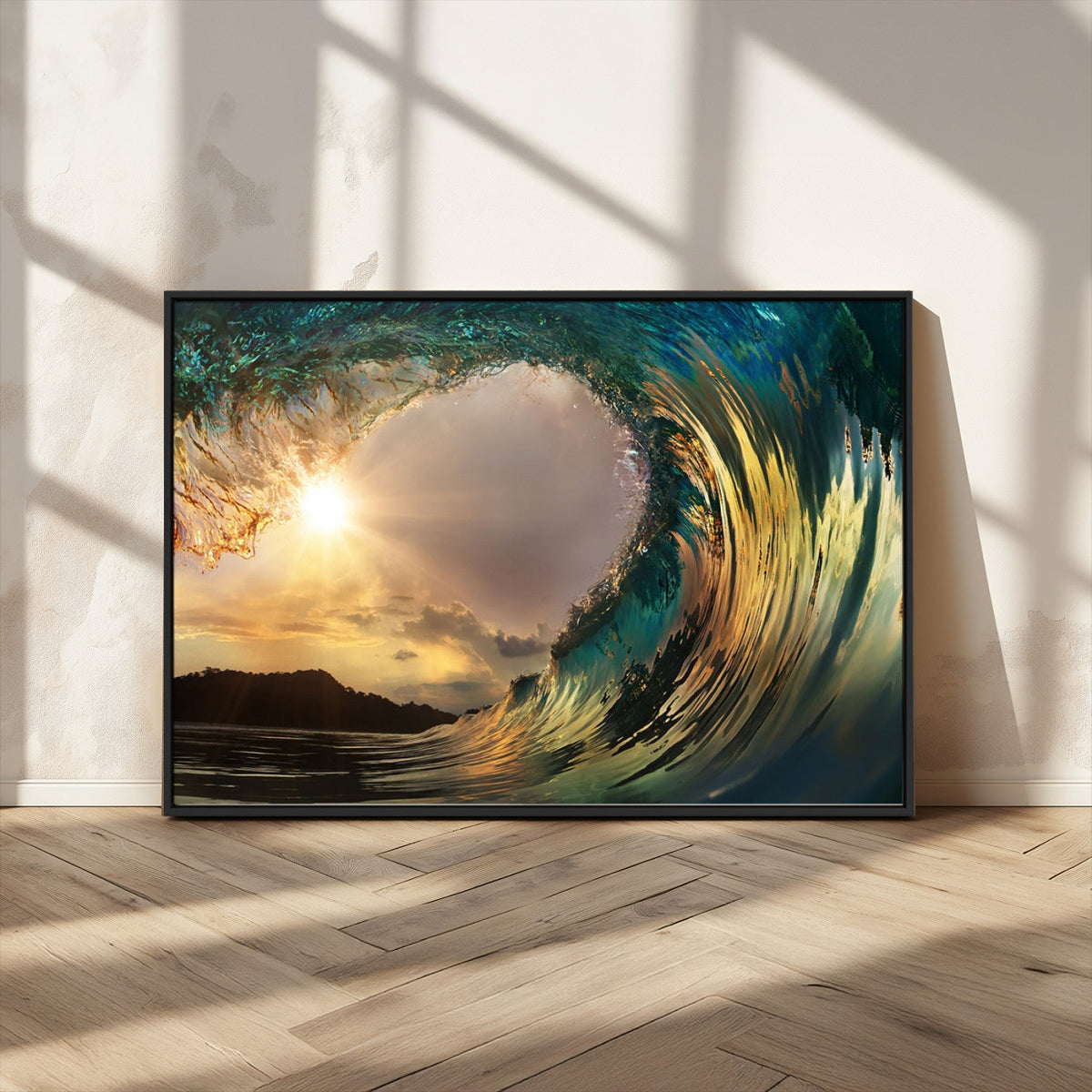 Golden Wave Sunset Canvas Print – Large Coastal Wall Art for