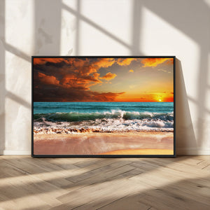Golden Sunset Beach Canvas Wall Art – Triptych Seascape