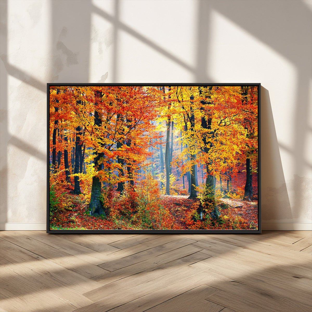 Autumn Red Forest Triptych Canvas Wall Art Print, Forest