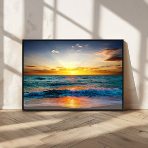 Vibrant Ocean Sunrise Over Golden Beach Waves, Giclee Canvas
