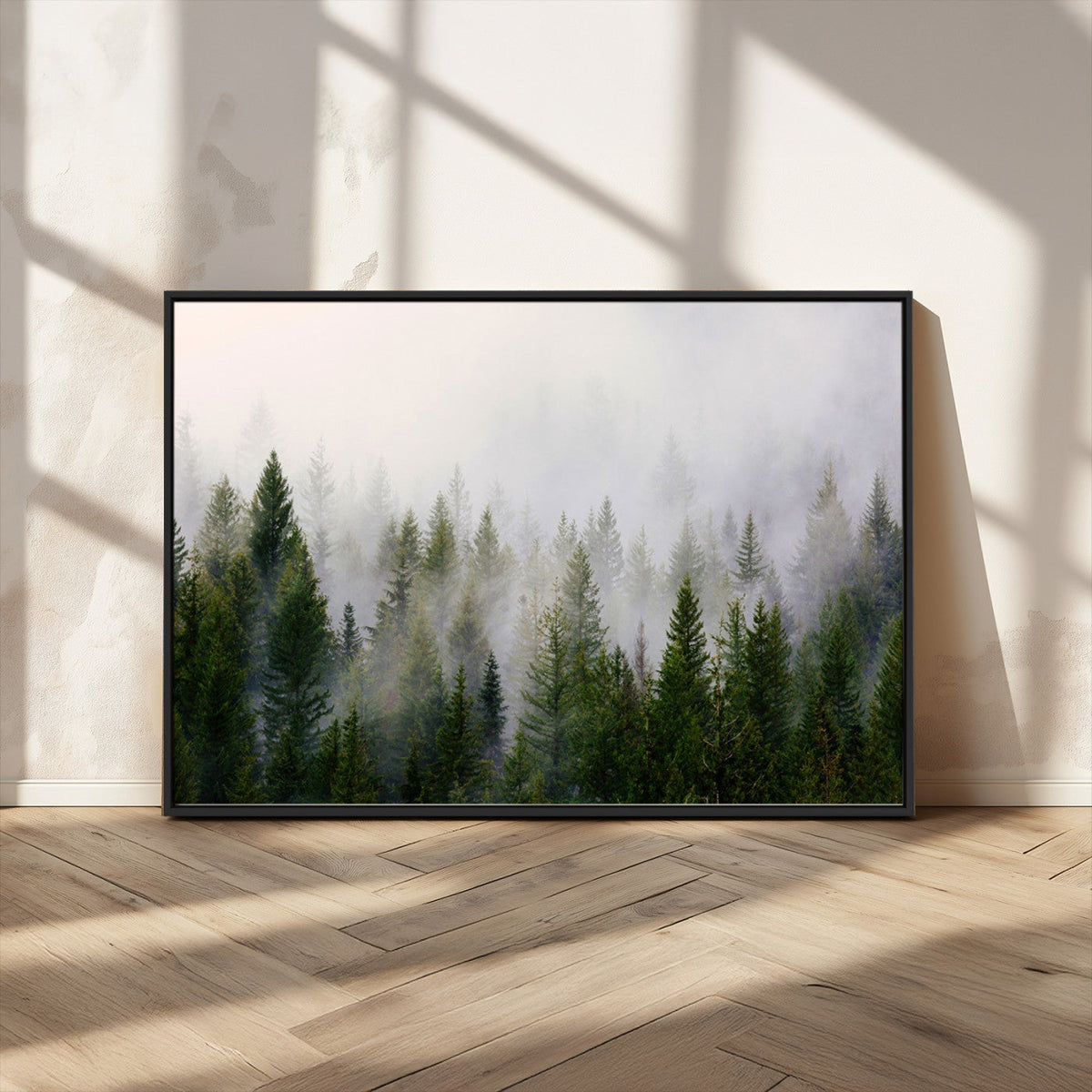 Misty Pine Forest Wall Art Canvas Print | 3 Panel Green