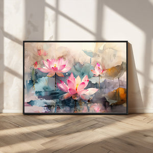Lotus Flower Wall Art | 3-Panel Giclee Canvas Print of Pink
