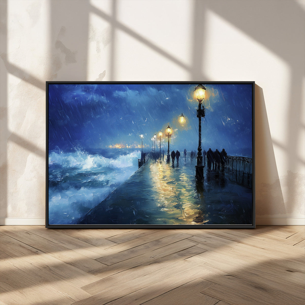 Storm Ocean Pier Canvas Wall Art Print - Large Moody Night