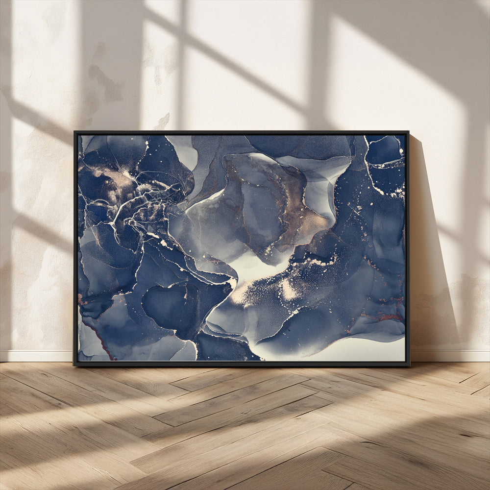 Large Abstract Blue and Gold Canvas Wall Art Fluid Ink