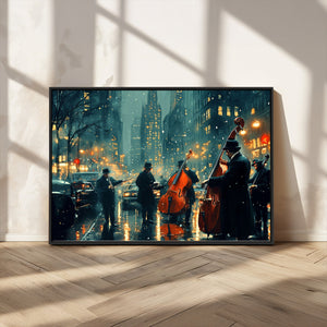 Urban Night Jazz Wall Art Canvas Print – Moody Rain-Soaked