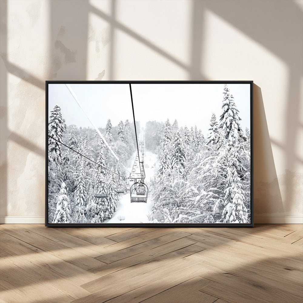 Snowy Ski Lift Wall Art – Framed Winter Mountain Canvas