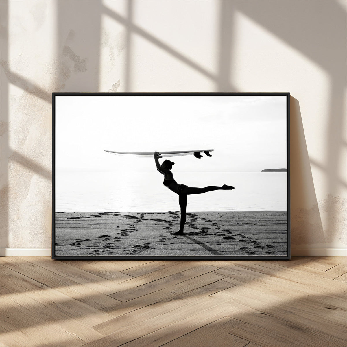 Yoga Surf Wall Art Canvas Print – Framed Black White Shore