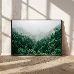 Misty Green Forest Canvas Print – Framed Serene Foggy Pine