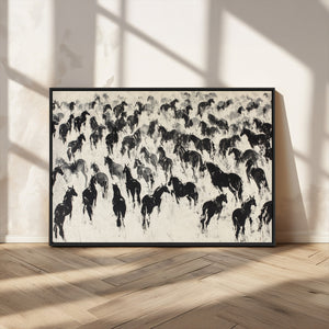 Wild Horse Stampede Wall Art Canvas Print – Monochrome