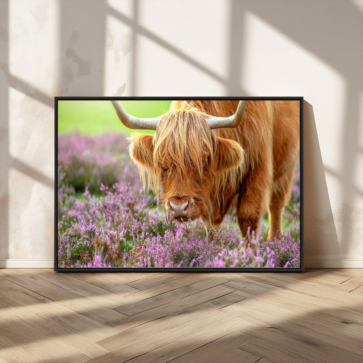 Highland Cow Wall Art Canvas Print – Framed Purple Flowers