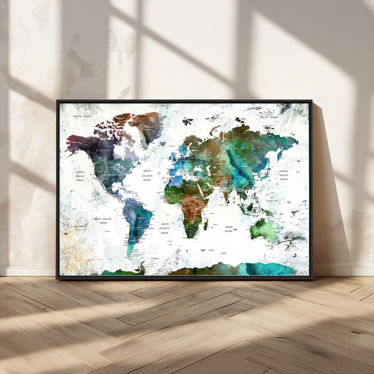 Modern Watercolor World Map Canvas Wall Art – Framed
