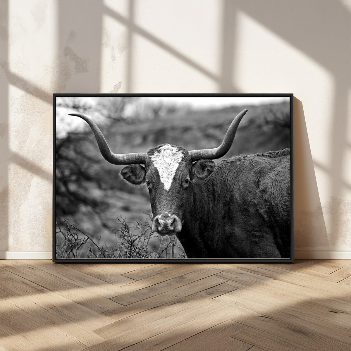 Western Home Wall Art Canvas Print, Framed Texas Longhorn