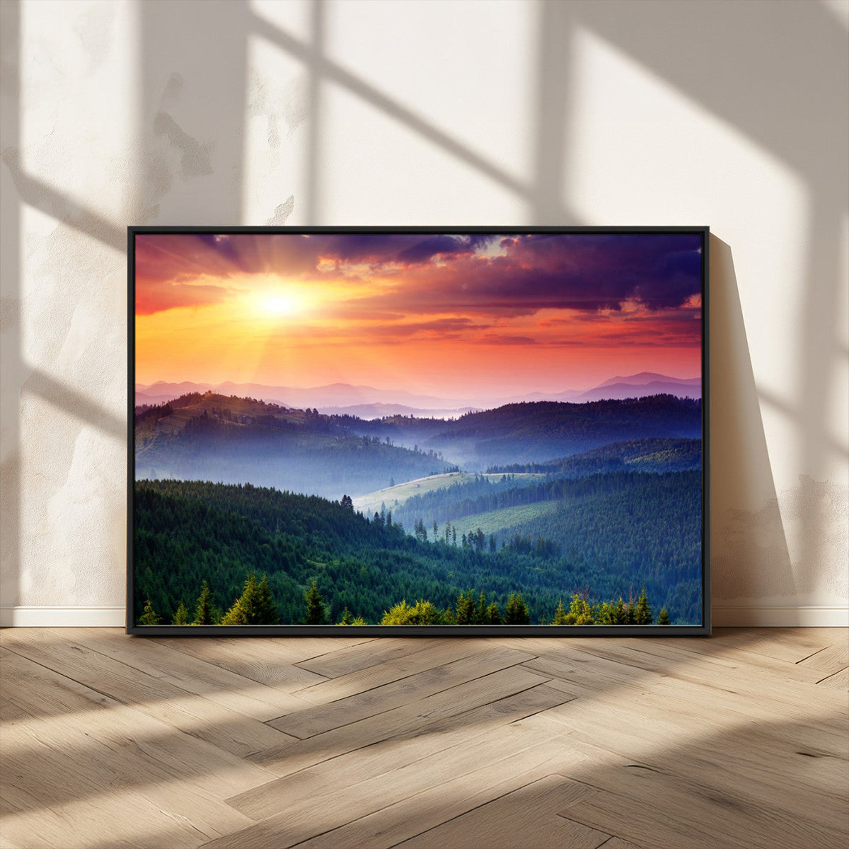 Beautiful Sunset over Hills Forest Landscape Canvas Wall Art