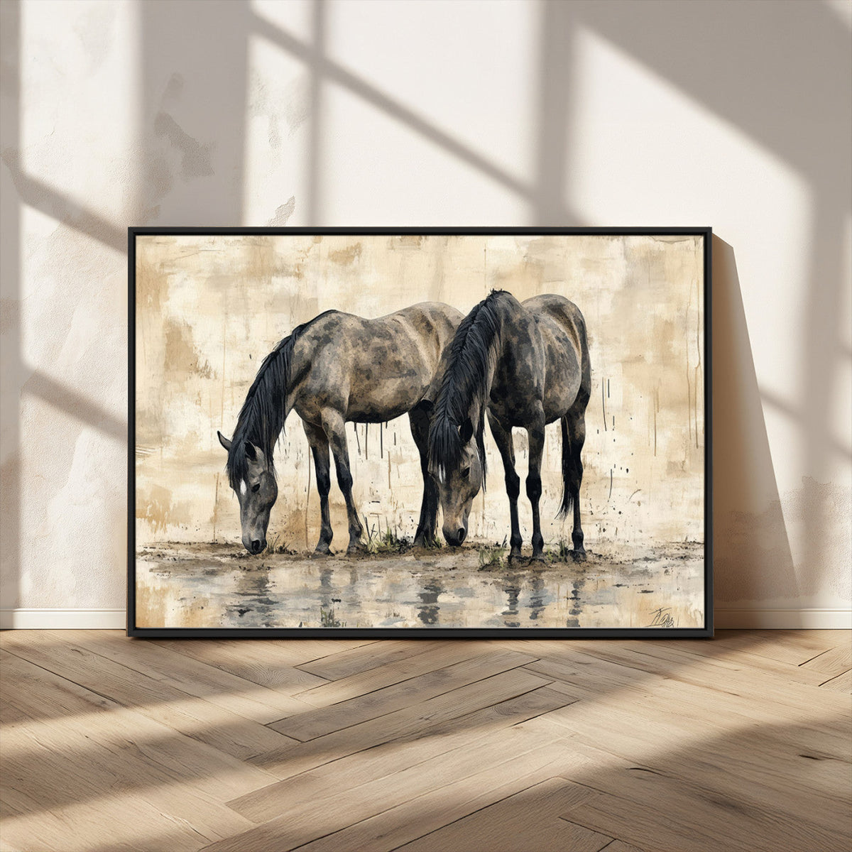 Chinese Style Abstract Black Horses Wall Art Canvas Print -