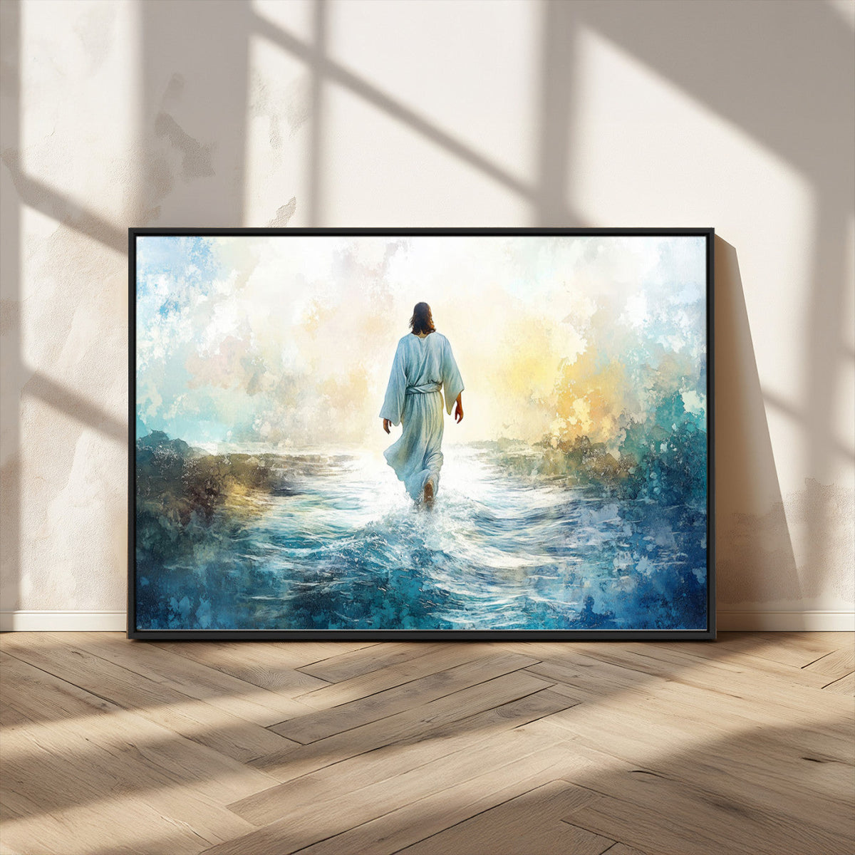 Watercolor Jesus Walking on Water Canvas Print, Christian