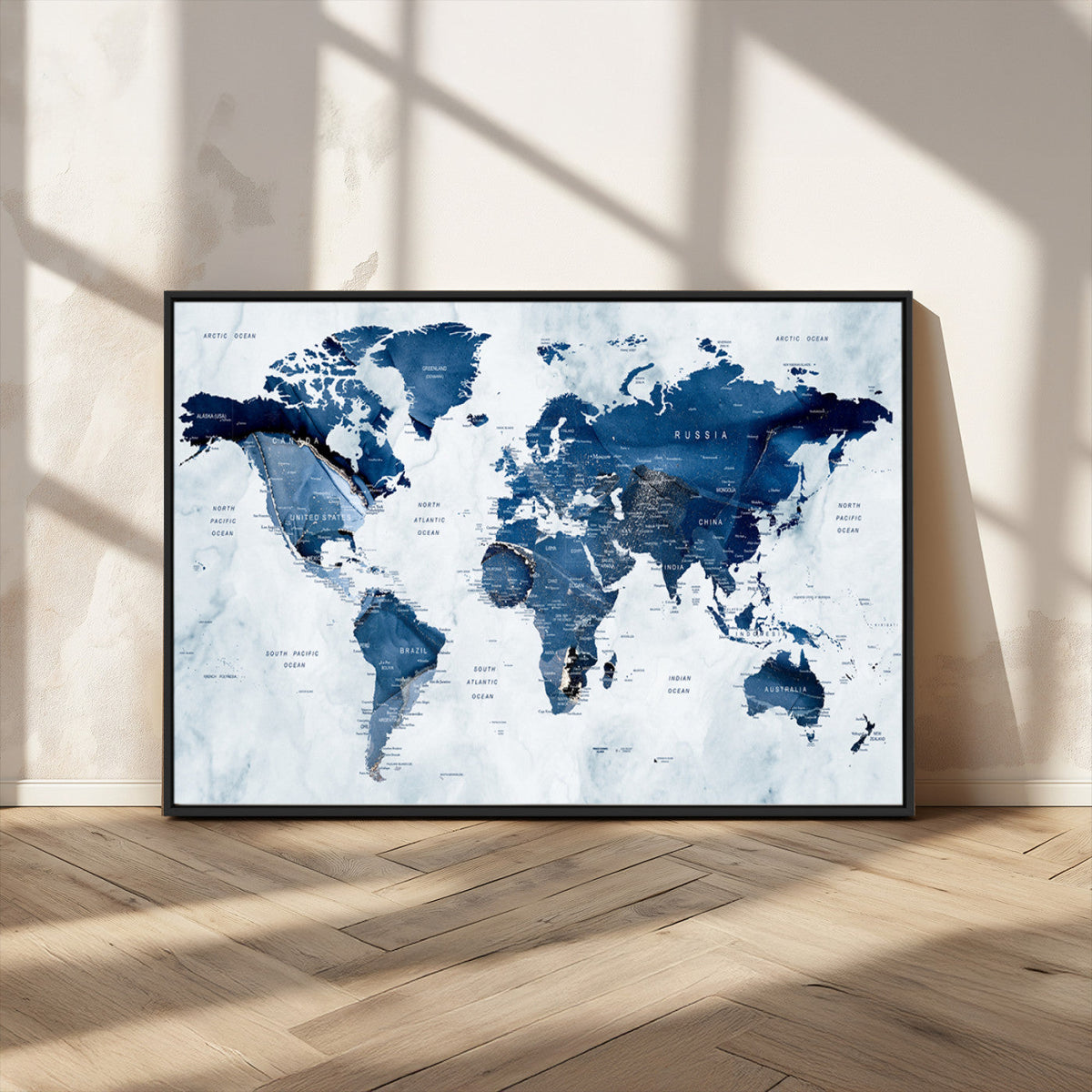 Modern Blue World Map Canvas Print – Framed Wall Art,
