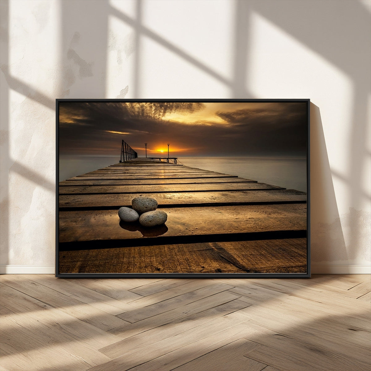 Stones on Wooden Pier at Sunset Canvas Print, Serene Coastal