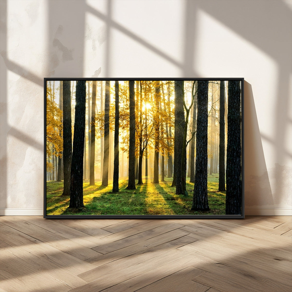 Sunlit Forest Wall Art Canvas Print – Large Framed Woodland