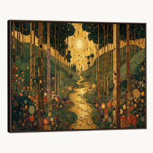 Gustav Klimt Style Forest Canvas Wall Art, Golden Forest Path Floral Art Nouveau Print, Enchanted Woodland Decor
