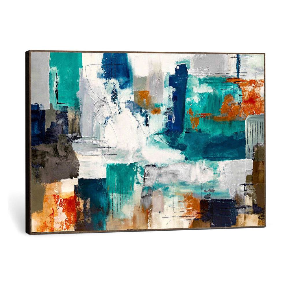 Blue Teal Abstract Canvas Wall Art, Modern Textured Painting Print, Navy Orange White Contemporary Art, Neutral Living Room Decor, Office Art