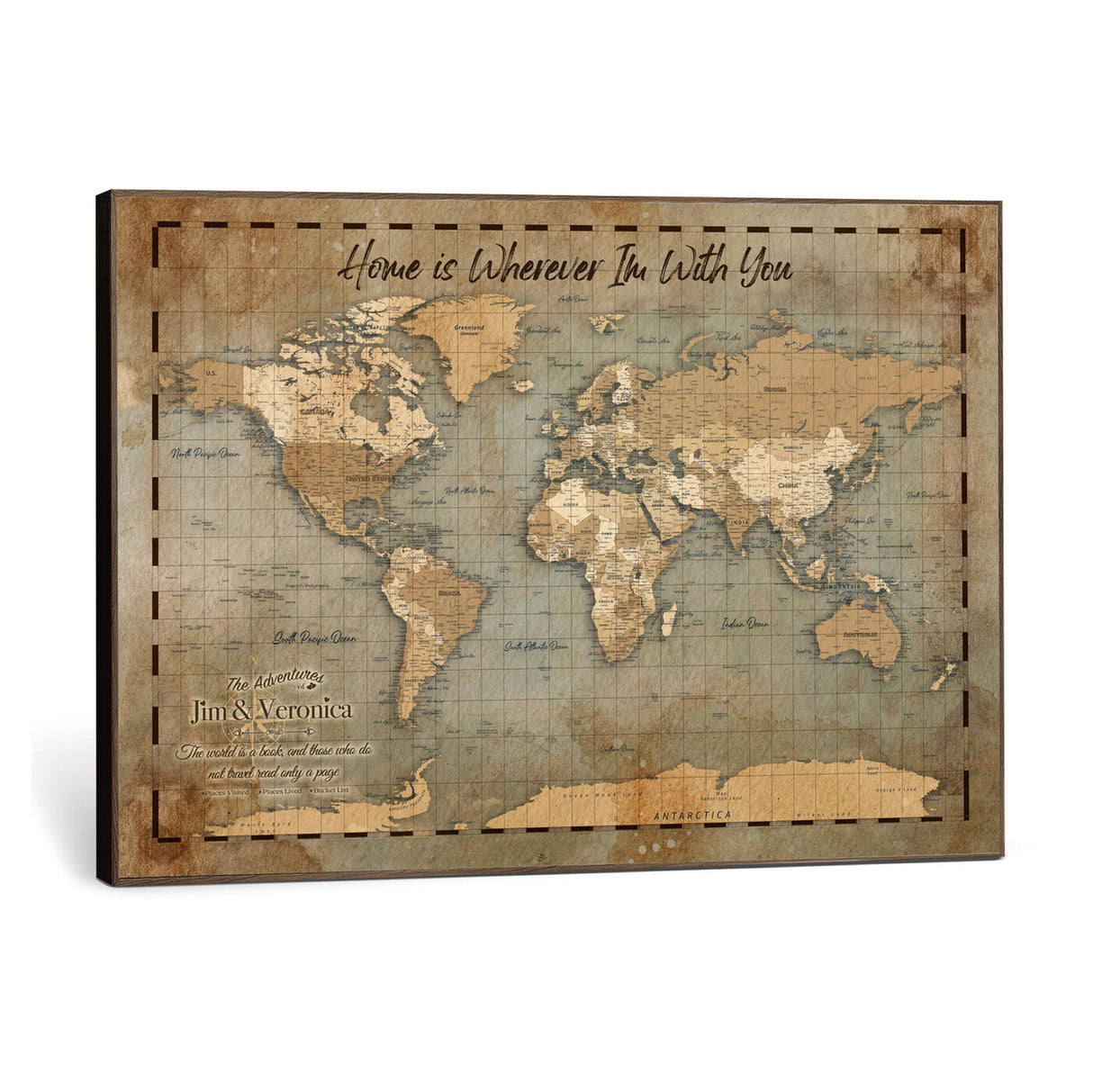 Vintage Personalized Push Pin World Map, Vintage Travel Map Canvas, Custom Names Anniversary Gift, Places Visited Pin Board, Couples Adventure Art
