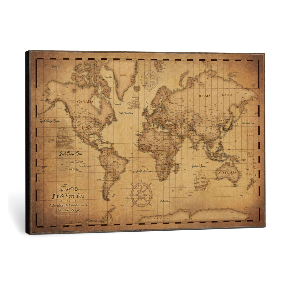 Personalized Push Pin World Map, Vintage Travel Map Canvas, Custom Names Anniversary Gift, Places Visited Pin Board, Couples Adventure Art