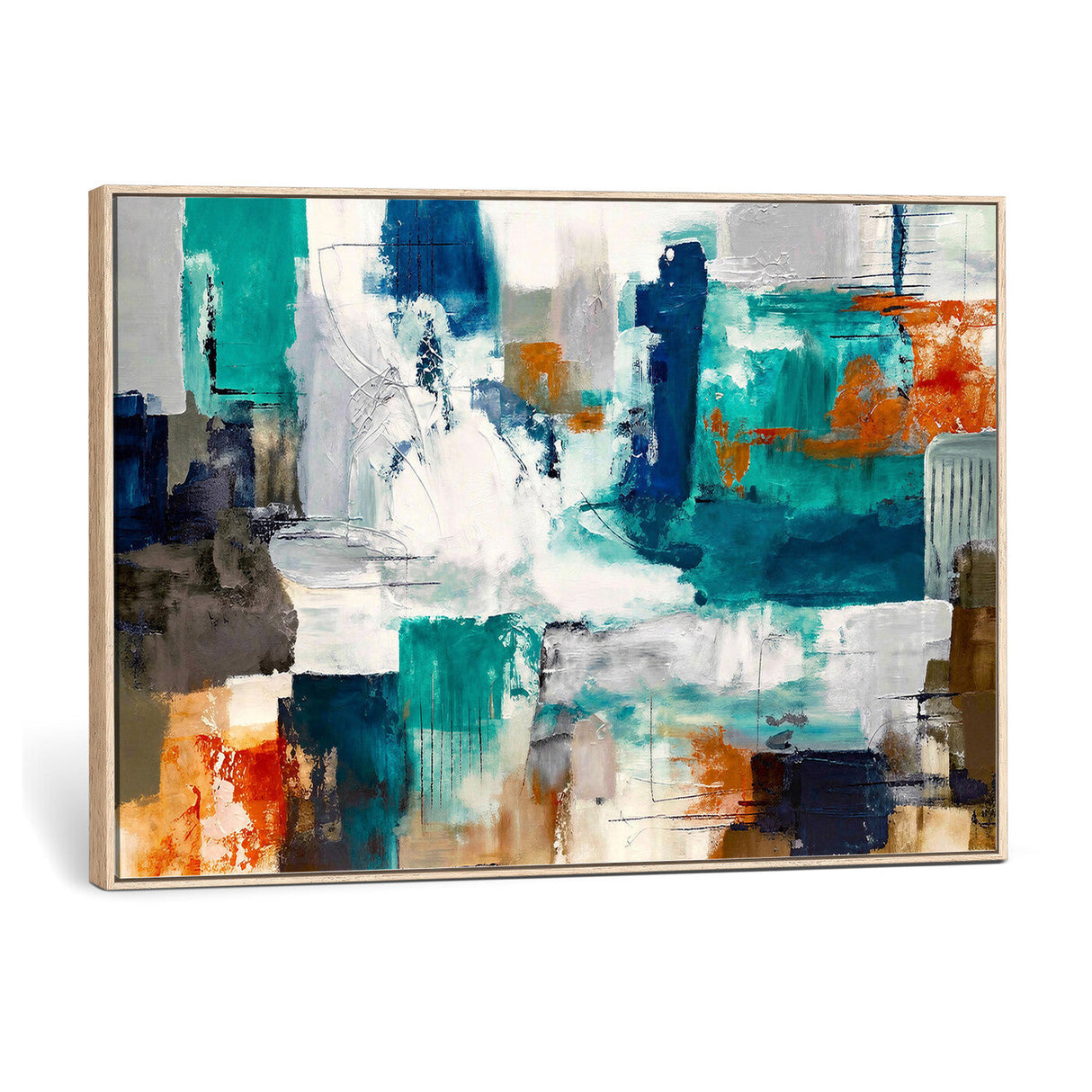 Blue Teal Abstract Canvas Wall Art, Modern Textured Painting Print, Navy Orange White Contemporary Art, Neutral Living Room Decor, Office Art
