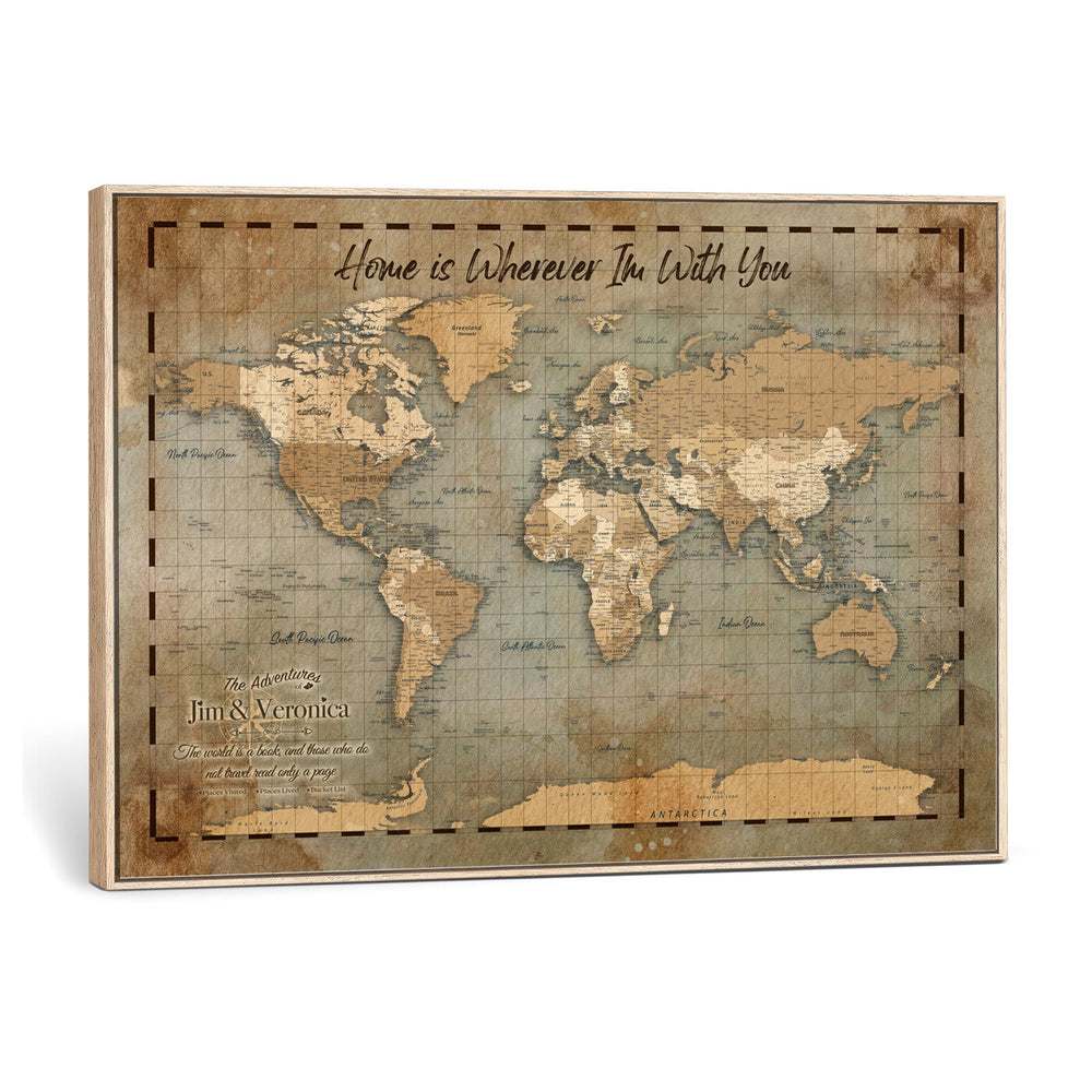 Vintage Personalized Push Pin World Map, Vintage Travel Map Canvas, Custom Names Anniversary Gift, Places Visited Pin Board, Couples Adventure Art