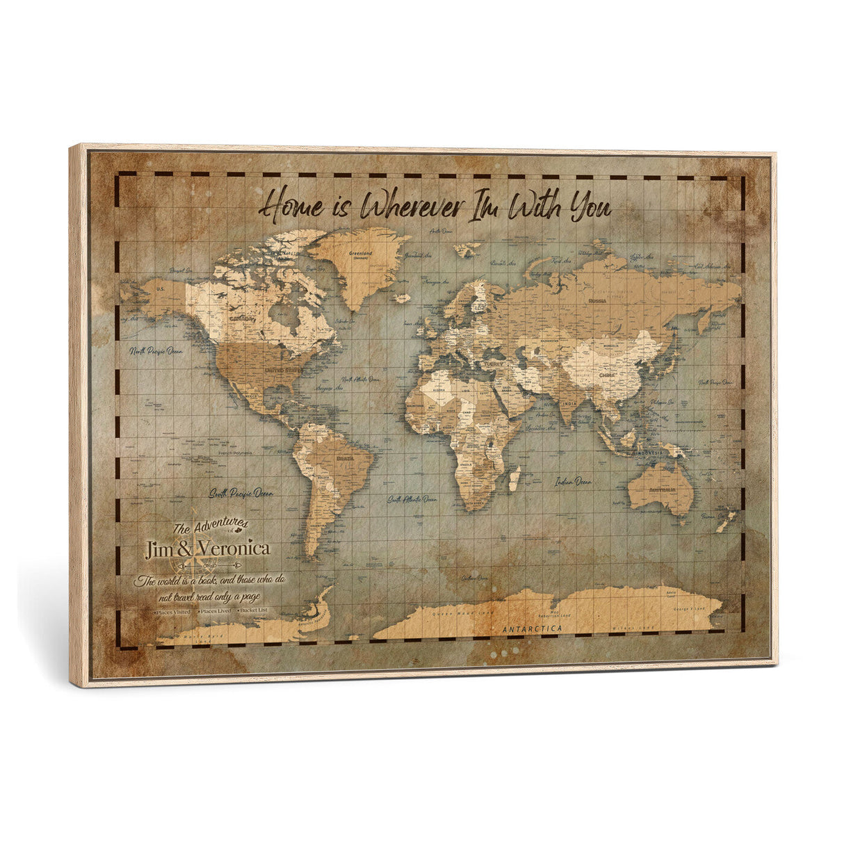 Vintage Personalized Push Pin World Map, Vintage Travel Map Canvas, Custom Names Anniversary Gift, Places Visited Pin Board, Couples Adventure Art
