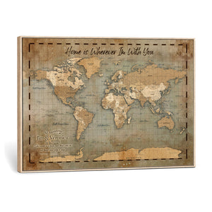Vintage Personalized Push Pin World Map, Vintage Travel Map Canvas, Custom Names Anniversary Gift, Places Visited Pin Board, Couples Adventure Art