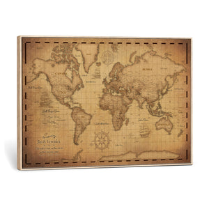 Personalized Push Pin World Map, Vintage Travel Map Canvas, Custom Names Anniversary Gift, Places Visited Pin Board, Couples Adventure Art