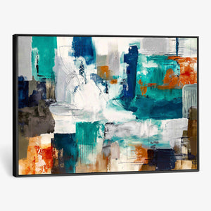 Blue Teal Abstract Canvas Wall Art, Modern Textured Painting Print, Navy Orange White Contemporary Art, Neutral Living Room Decor, Office Art