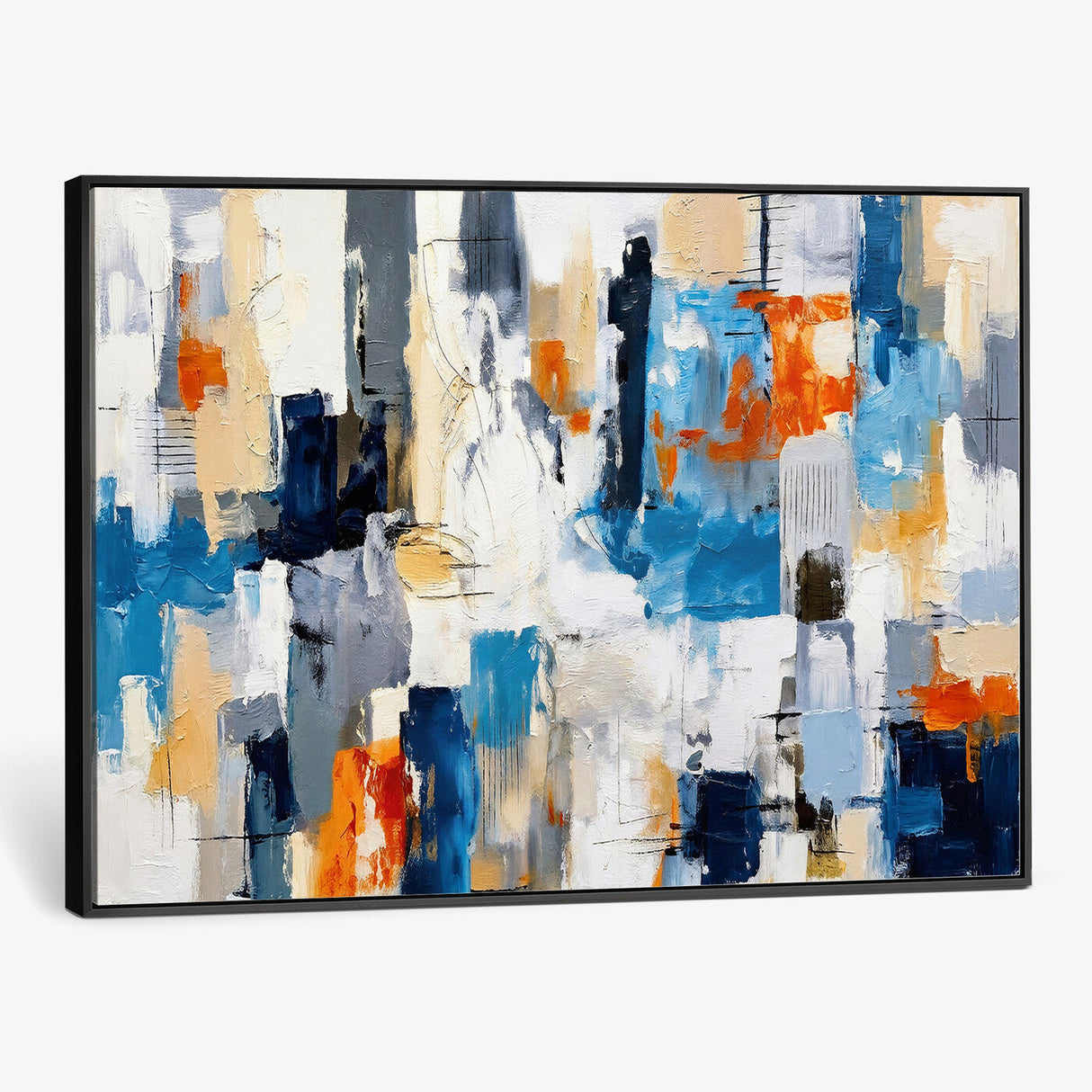 Blue Teal Abstract Canvas Wall Art, Modern Textured Painting Print, Navy Orange White Contemporary Art, Neutral Living Room Decor, Office Art