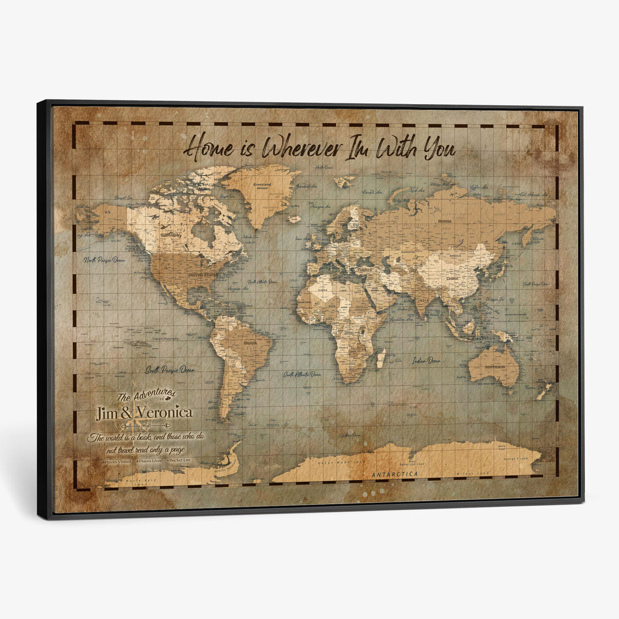 Vintage Personalized Push Pin World Map, Vintage Travel Map Canvas, Custom Names Anniversary Gift, Places Visited Pin Board, Couples Adventure Art