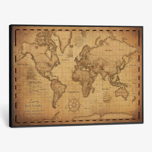 Personalized Push Pin World Map, Vintage Travel Map Canvas, Custom Names Anniversary Gift, Places Visited Pin Board, Couples Adventure Art