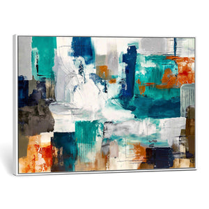 Blue Teal Abstract Canvas Wall Art, Modern Textured Painting Print, Navy Orange White Contemporary Art, Neutral Living Room Decor, Office Art