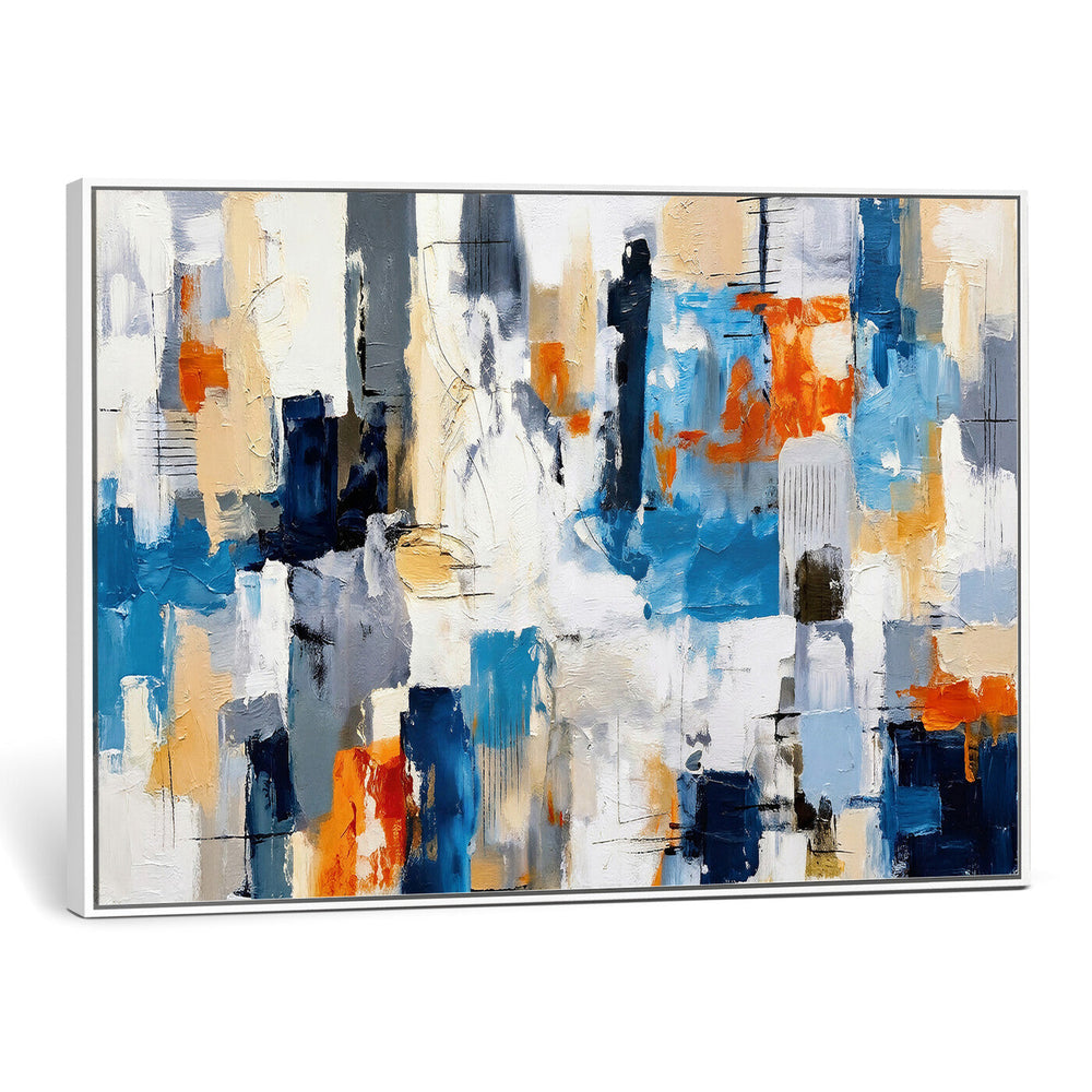 Blue Teal Abstract Canvas Wall Art, Modern Textured Painting Print, Navy Orange White Contemporary Art, Neutral Living Room Decor, Office Art