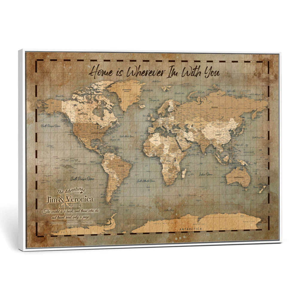 Vintage Personalized Push Pin World Map, Vintage Travel Map Canvas, Custom Names Anniversary Gift, Places Visited Pin Board, Couples Adventure Art