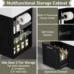 Modern Wall Mounted Bathroom Vanity With Sink, Soft Close Drawer, Adjustable Shelf, Toilet Paper Holder
