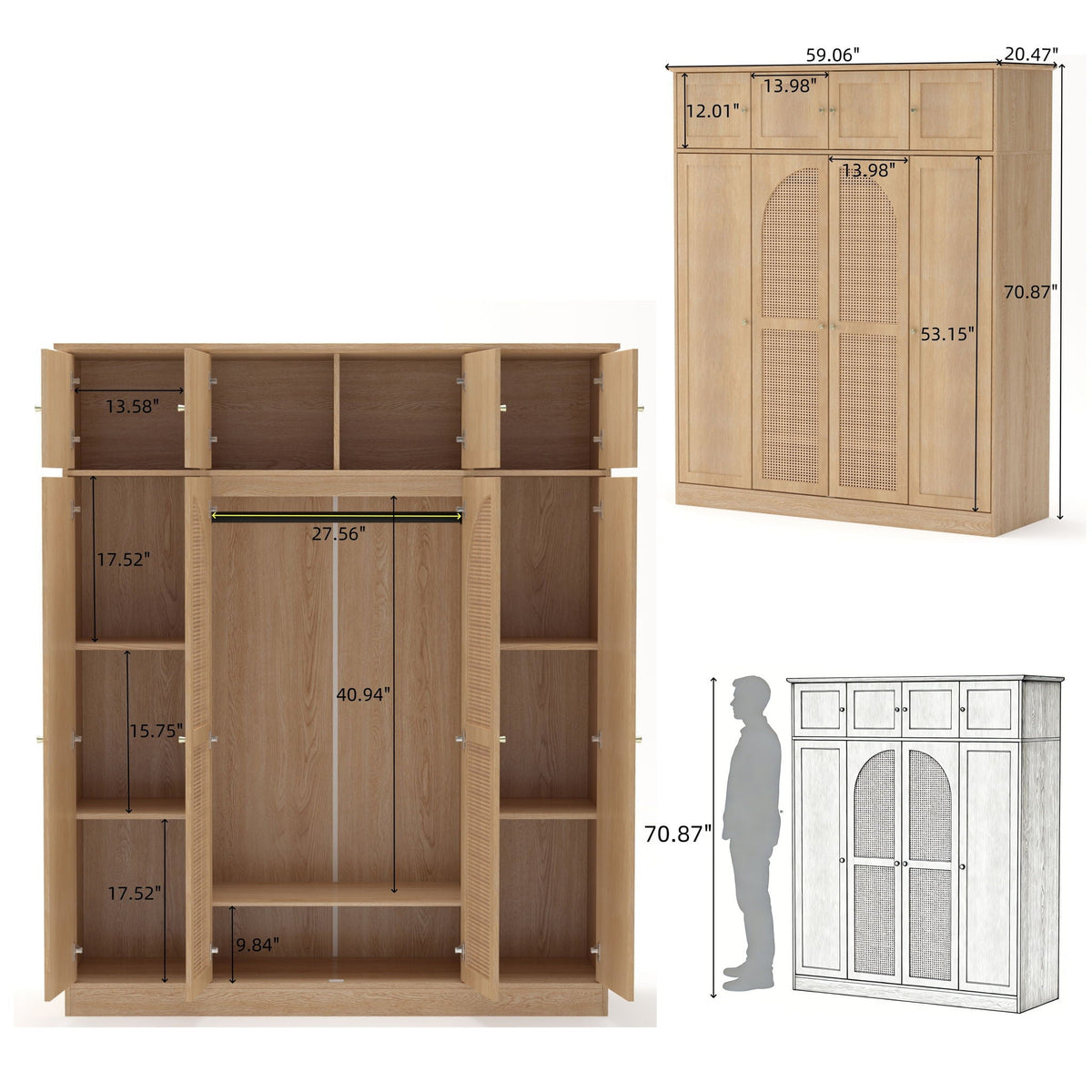 8 Door Armoire Wardrobe with Adjustable Shelves and Hanging Rod - Light Brown or White