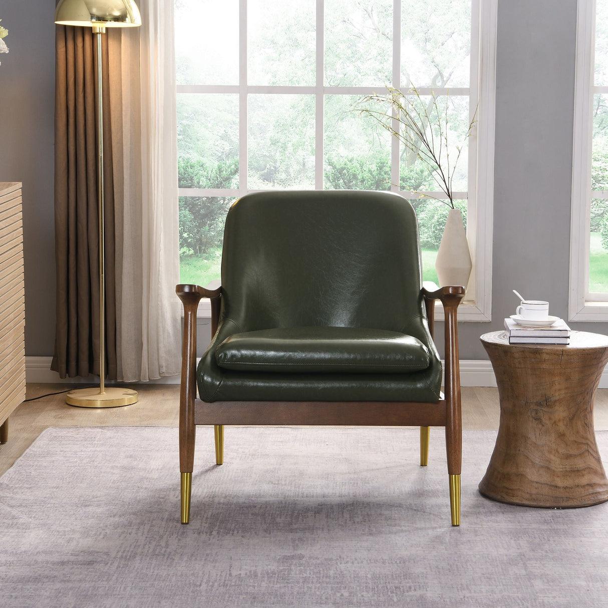 Mid-Century Accent Chair With Cushioned Seat, Brass Tipped Legs