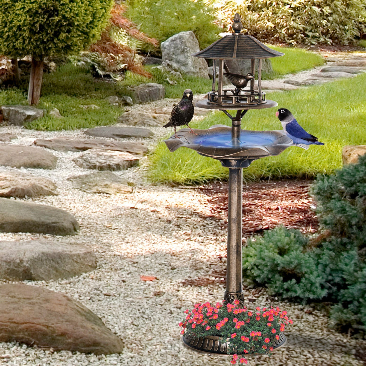 Outsunny 3-in-1 Garden Bird Bath Bowl Pedestal with Bird Feeder and Planter