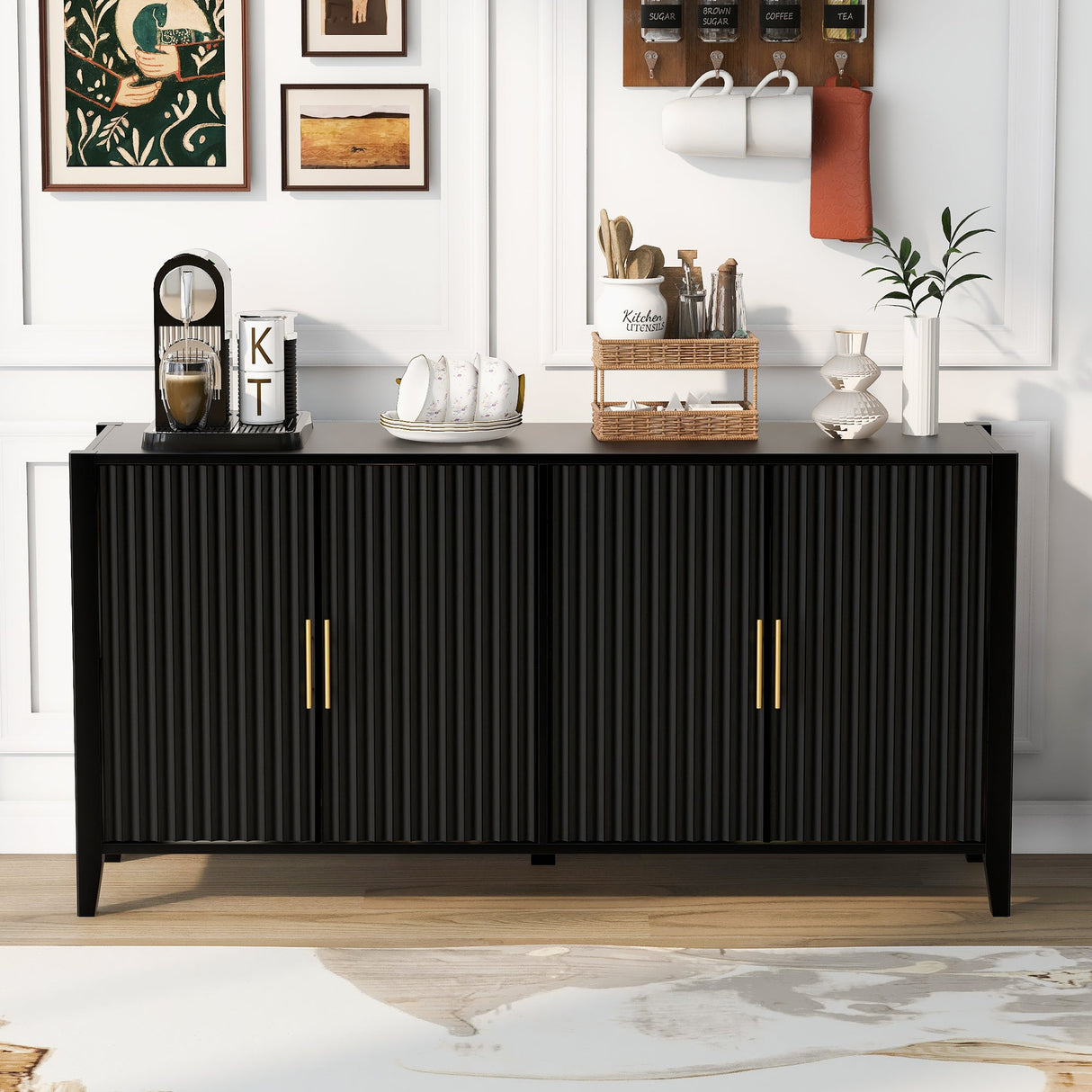 U_Style Modern 4-Vertical Wavy Slatted Doors Sideboard