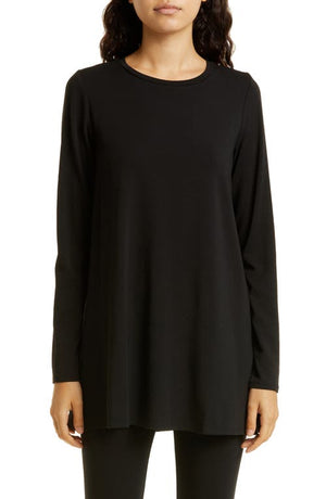 Eileen Fisher Crewneck Long Sleeve Tunic Top in Black, Size X-Large
