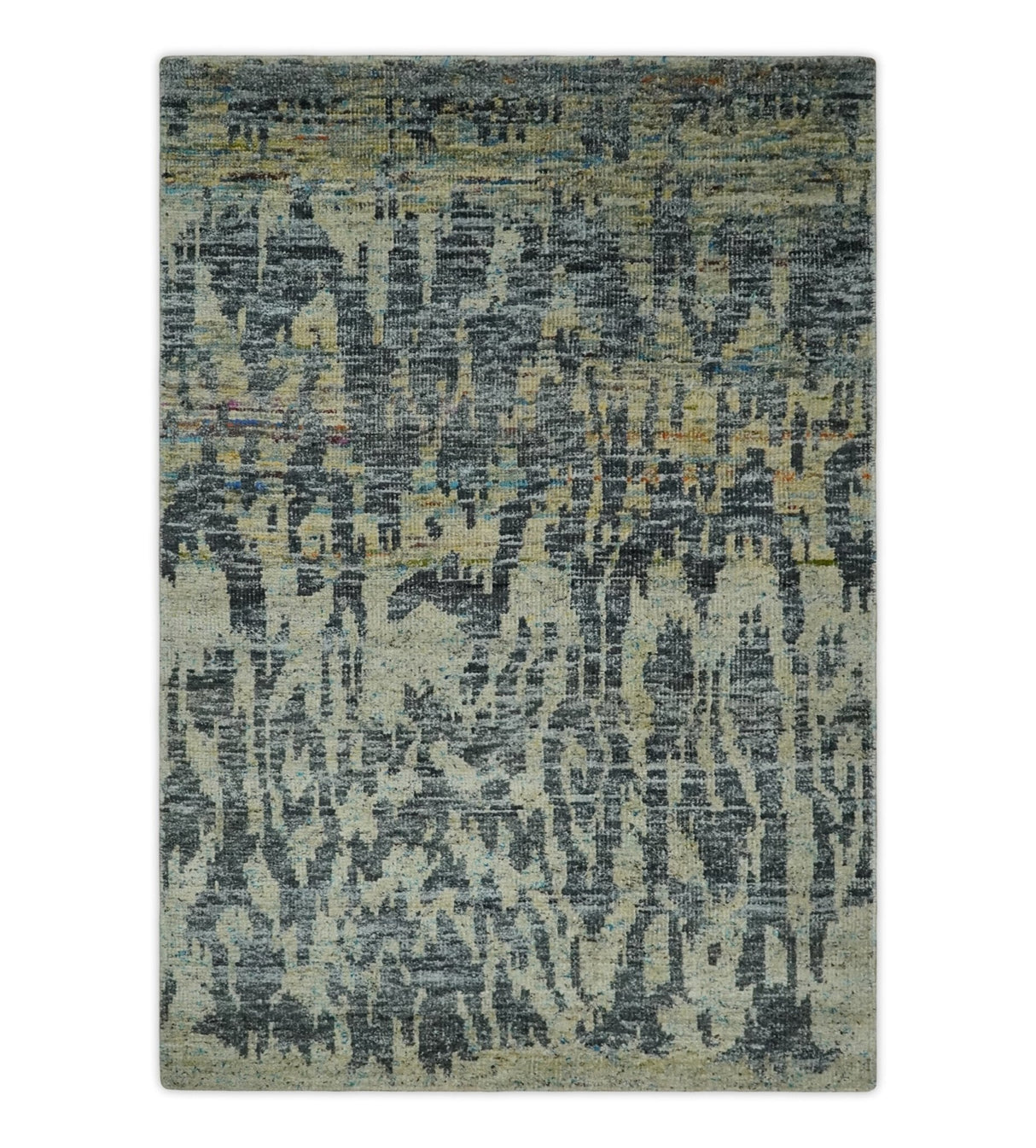 4.5x6.5 Hand Knotted Beige and Charcoal Modern Abstract  Recycled Silk Area Rug
